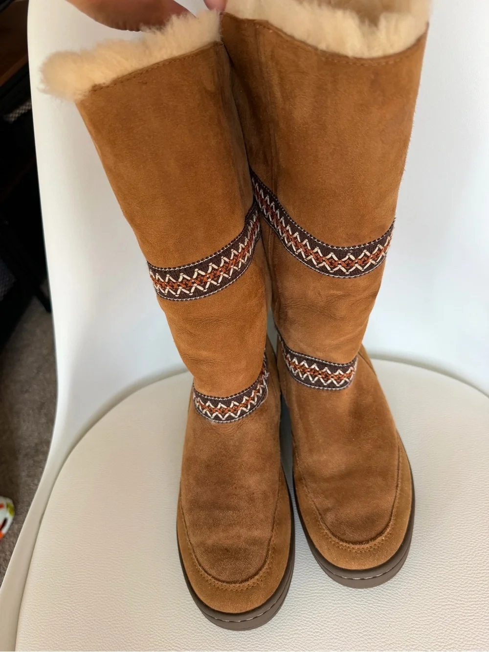 UGG Australia Chestnut Suede Embroidered Tall Shearling Boots US Size 6